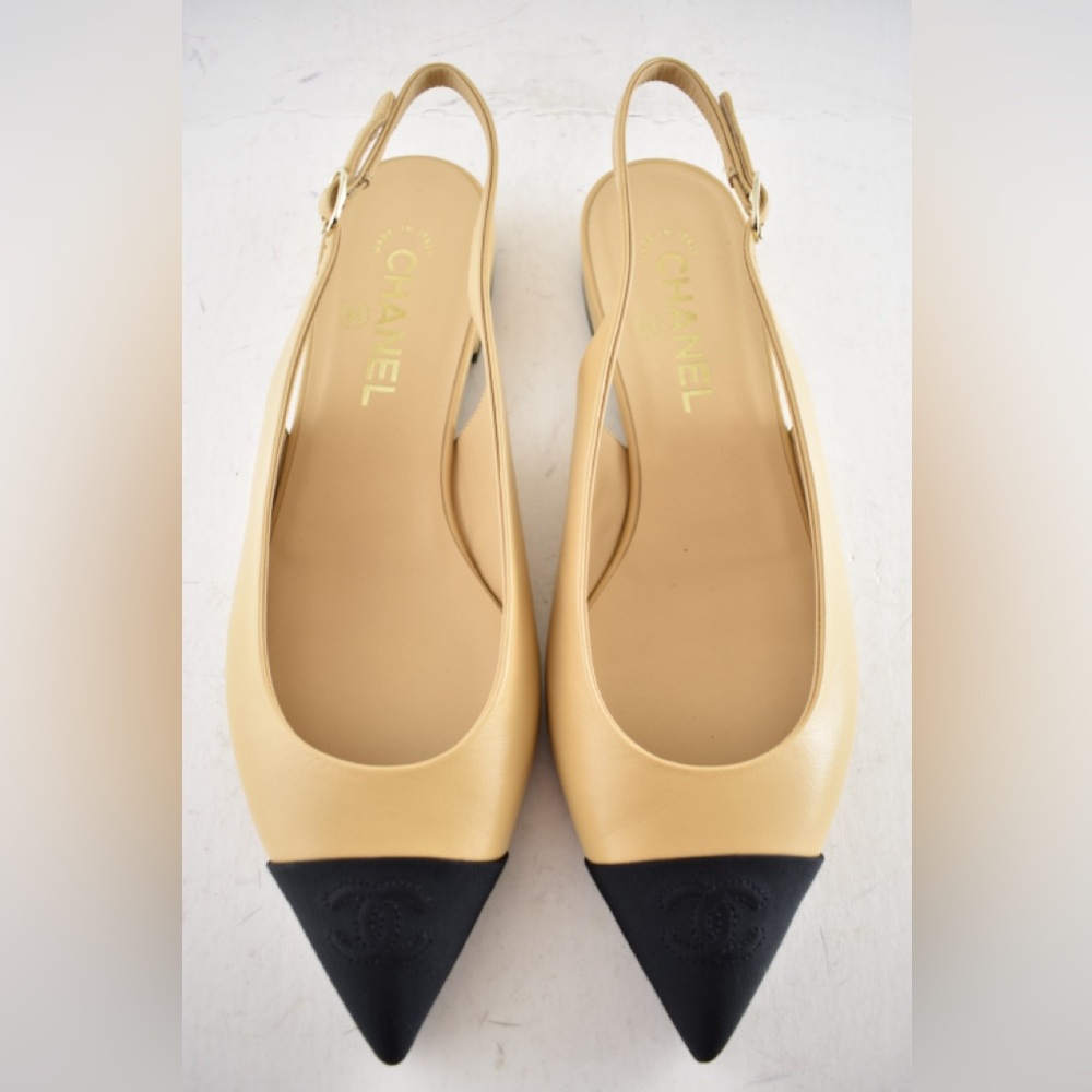 Chanel 24A Beige Leather Black CC Logo Coco Slingback Pointed Ballet Flat 39 - Picture 3 of 15